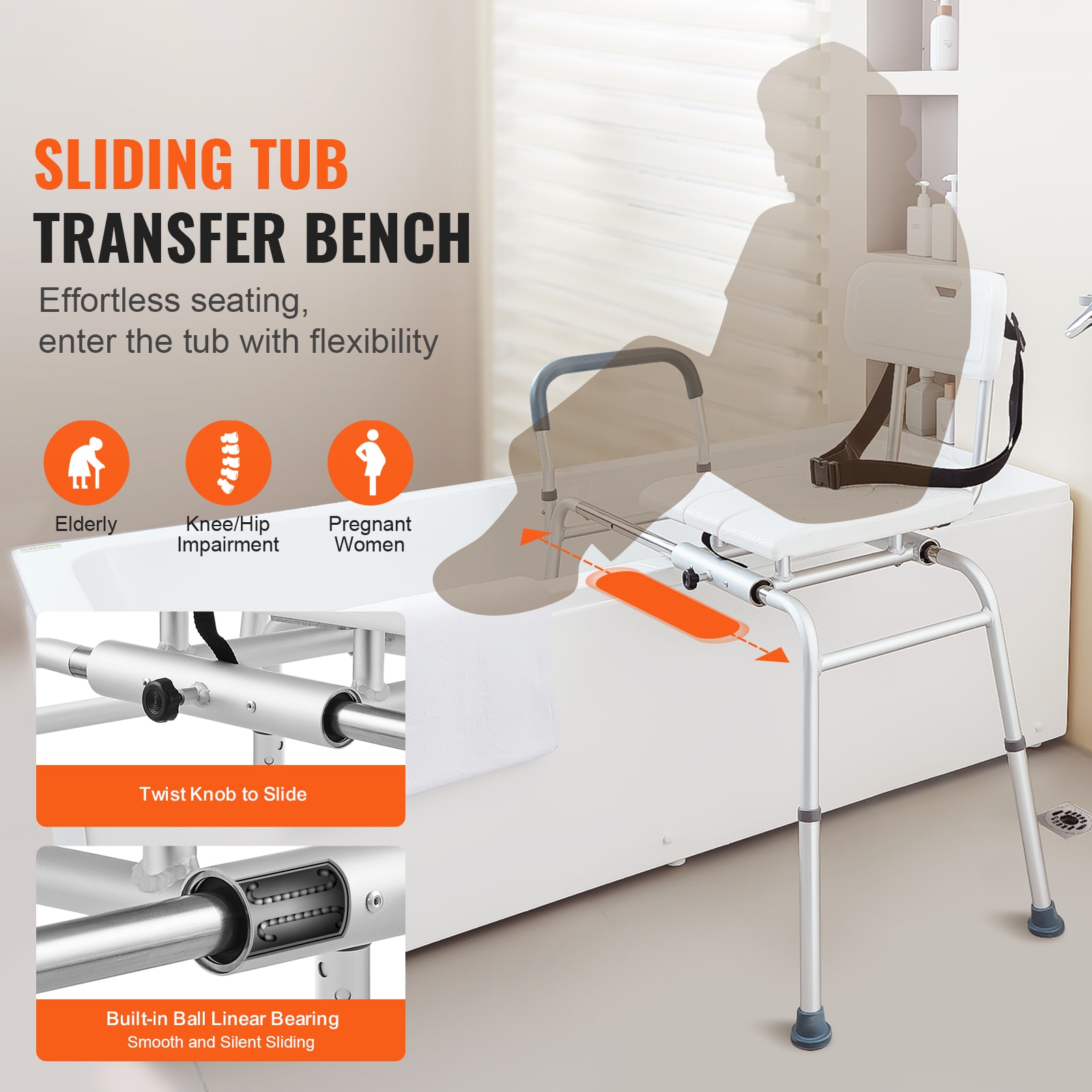 Sliding Tub Transfer Bench Shower Chair & Cut-Out Seat Reversible Backrest_voghion.com